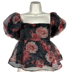 thirty / thirty LA Floral Crop Blouse Print Black Pink Top Sheer Scoop Neck - M